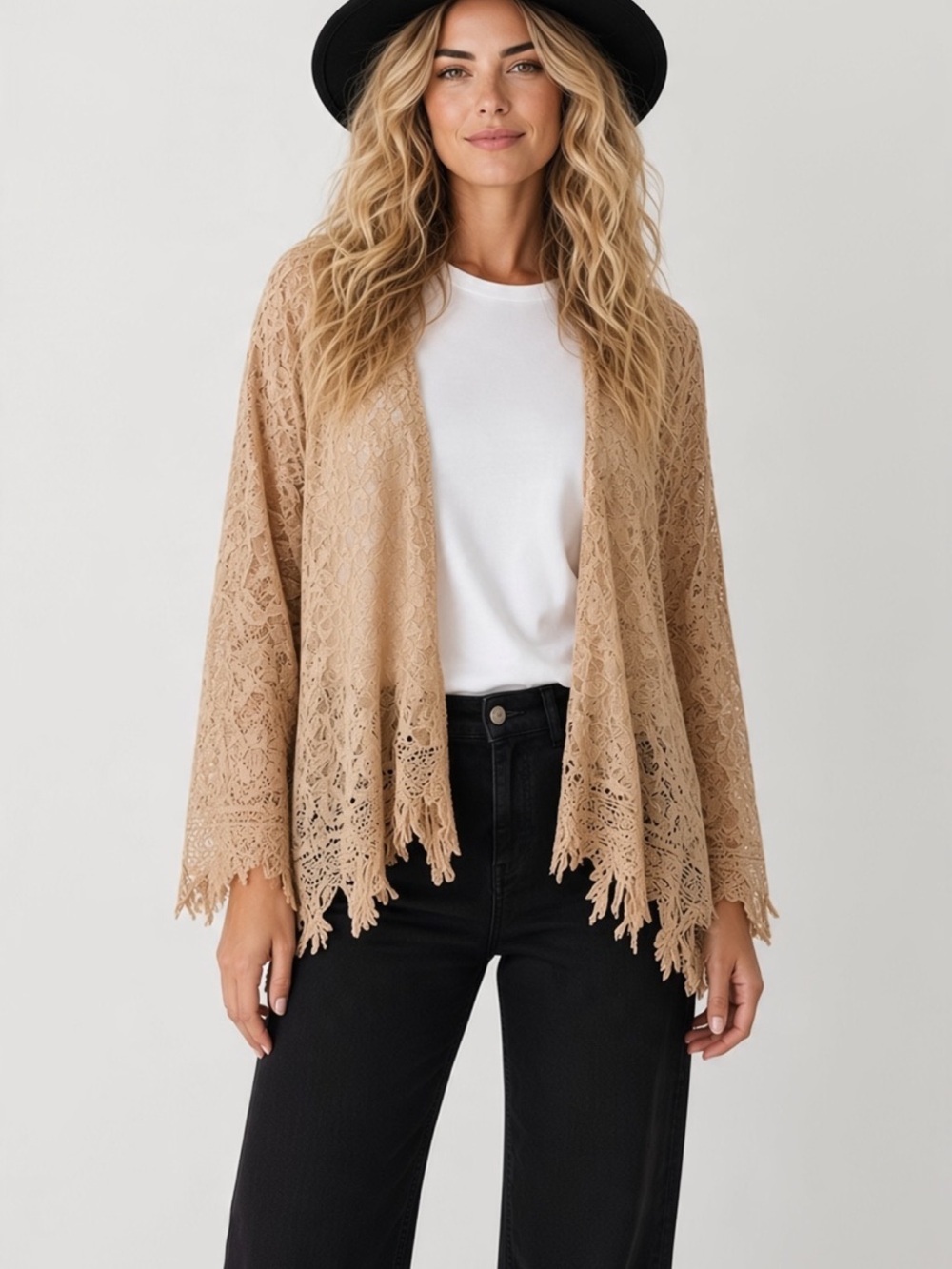 Roaman's Lace Open-Front Shrug in Beige